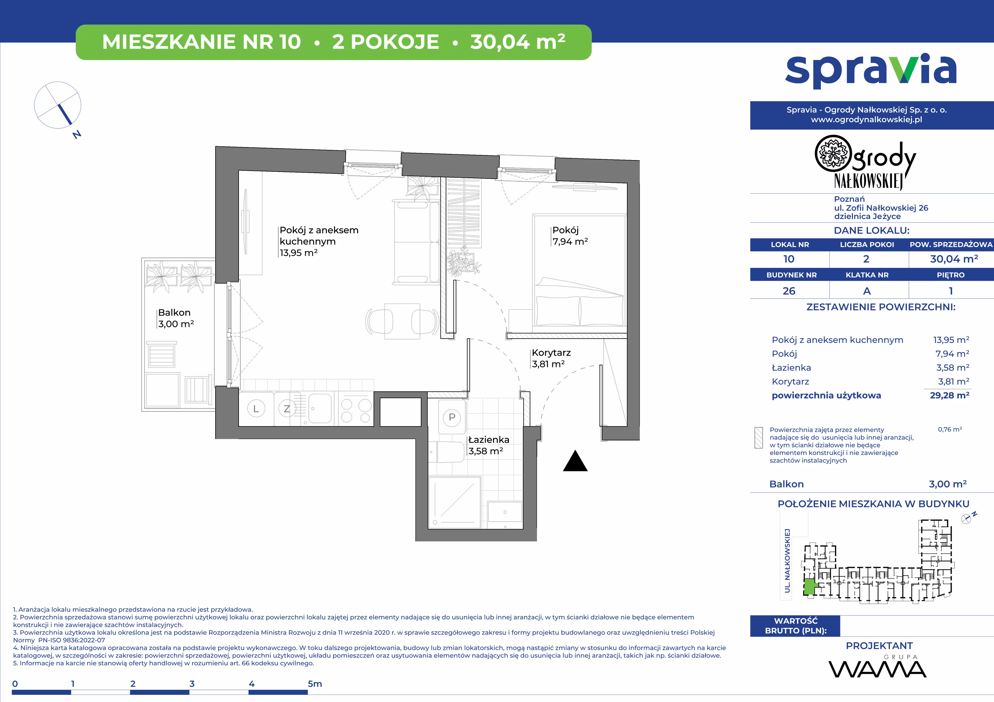 2 pokoje, mieszkanie 30,04 m², piętro 1, oferta nr 26-10, Ogrody Nałkowskiej, Poznań, Ogrody, ul. Nałkowskiej 24, 26